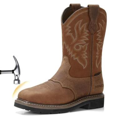 Imagem de Botas de trabalho HISEA NINGO masculinas Western Cowboy Steel Toe Leat