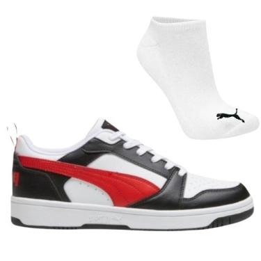 Imagem de Kit Tênis Casual Masculino Puma Rebound V6 Low E Meia, 41, Preto, Verm