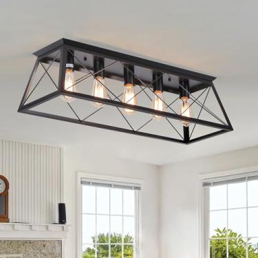 Imagem de Qcazegy Luminária de teto preta embutida de 80 cm, lustre de gaiola industrial vintage de 5 luzes para sala de jantar, ilha de cozinha, sala de estar, montagem semiembutida grande regulável perto da