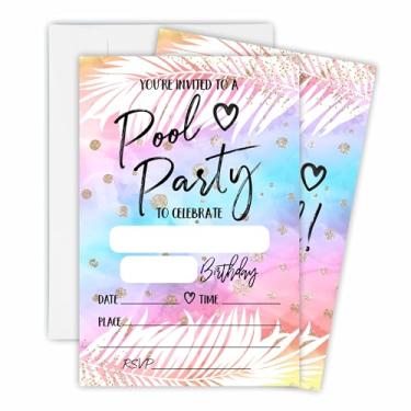 Imagem de Convite de aniversário de festa na piscina com 15 envelopes brancos combinando para meninos e meninas, suprimentos de decorações de festa de aniversário tie dye-OL-A36