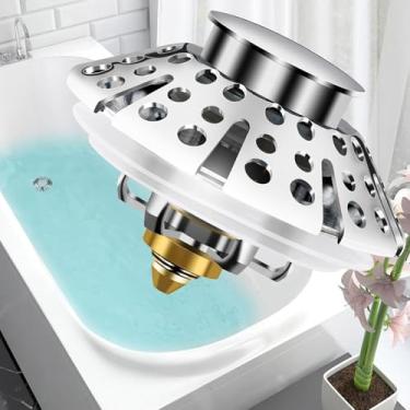 Imagem de Tampa de drenagem de banheira pop-up com coletor de cabelo e plugue de drenagem de cobre, tampa de drenagem de banheiro de fácil instalação para banheiras