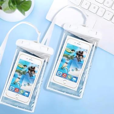Imagem de Bolsas de telefone à prova d'água, pacote com 2 bolsas secas que brilham no escuro de 16,5 cm com cordões, capas de celular universais para praia, natação, cruzeiro e viagens (brancas)