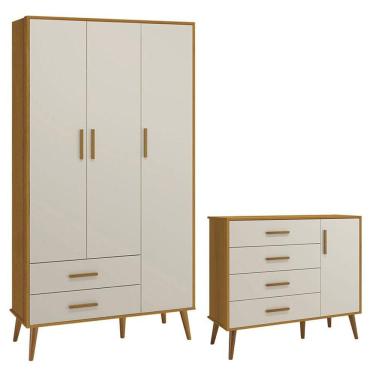Imagem de Cômoda com Porta e Guarda Roupa Infantil Isis 4 Gavetas MDF Puxador Bege Areia Acetinado Savana