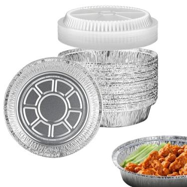 Imagem de Formas redondas de alumínio de 17,78 cm com tampas de plástico, formas descartáveis com tampa, formas de bolo de folha de estanho resistentes, recipientes para tirar congelador e forno, seguros para
