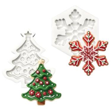 Imagem de 2 peças de moldes de silicone de Natal para árvore de Natal, floco de neve, moldes de doces de bolo de Natal, molde fofo de silicone para fazer bolos de chocolate, doces, gelatina, gelatina, sabão e