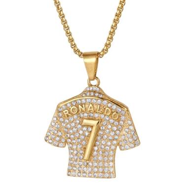 Imagem de Colar Masculino Vintage Golden World Cup No. 7 Jersey Pingente Diamante Em Aço Inoxidável