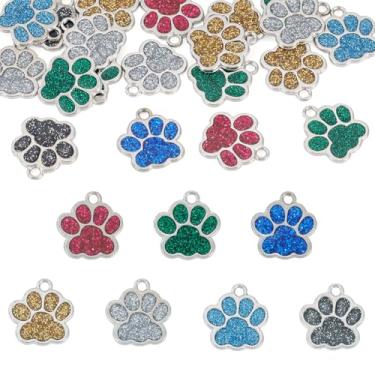 Imagem de 20 peças de pingentes fofos de animal com estampa de pata de cachorro adorável gato filhote de cachorro liga esmaltada com glitter cor platina para colar faça você mesmo chaveiro para fazer joias