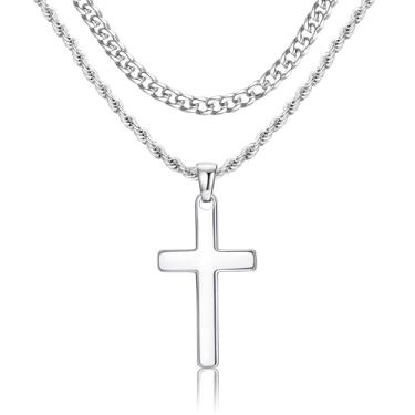 Imagem de Colar de cruz para homens e mulheres - Corrente cruzada em camadas de aço inoxidável pingente de crucifixo dourado preto prata 40-61 cm - Elo cubano, 18/20inches, Aço inoxidável, Sem Pedra Preciosa