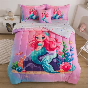Imagem de lishjekee Jogo de cama solteiro com estampa de sereia, cauda de sereia, 6 peças, para crianças, adolescentes, dégradé com glitter, arco-íris, decoração de casa