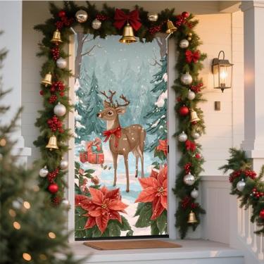 Imagem de NYZE Capa para porta de Natal, Papai Noel, decoração de Natal, pão de gengibre, faixa de Natal para férias em casa (veado)