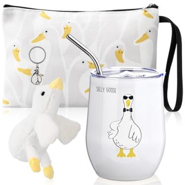 Imagem de Maxcheck Conjunto de 3 peças de presentes de ganso de Natal para mulheres, copo de 340 g com tampa, bolsa de cosméticos com palha, chaveiro de pelúcia de ganso, presentes de Natal para amantes de