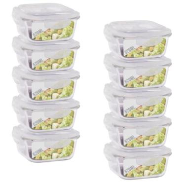 Imagem de Jogo 10 Pote Vidro 520ML Forno Microondas Quadrado Hermetico - QUALITY