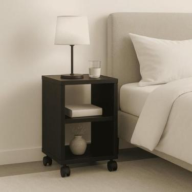 Imagem de Mesa de Cabeceira Preta de Madeira com Rodas 60cm para Decoração de Qu