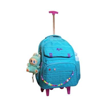 Imagem de Kipling Mochila Escolar com Rodas, Azul Turquesa, Decorada com Pingentes Coloridos, Alça Telescópica Rosa, Múltiplos Compartimentos