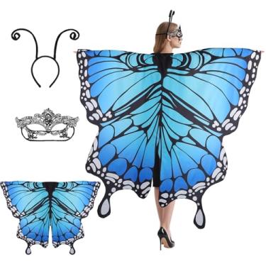 Imagem de Fantasia de borboleta feminina – Conjunto de asas de fada, faixa de cabeça e máscara para Halloween, cosplay, festivais e sessões de fotos, Azul, one size fits all
