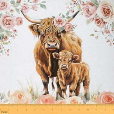 Imagem de Erosebridal Tecido de vaca Highland por jarda, tecido de estofamento caubói ocidental para costura, bovino touro, animal selvagem, material para estofamento DIY, estilo pastoral, rosa decorativo, 1