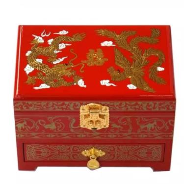 Imagem de Caixa de joias pintada à mão com trava de gavetas, espelho, armazenamento de joias de madeira estilo chinês de 3 camadas com antigo, presente de casamento (vermelho (longfengchengxiang), C 21 x L 14 x