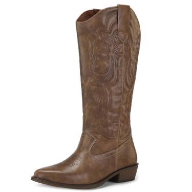 Imagem de mysoft Botas femininas caubói cano médio vaqueira bordada, bico fino, salto grosso, sem cadarço, cano alto, Marrom sólido, 36 BR
