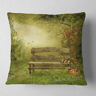 Imagem de Designart – Capa de almofada para sala de estar, sofá, banco de madeira na vila com paisagem de orchard + capa de almofada impressa em ambos os lados 66 x 66 cm