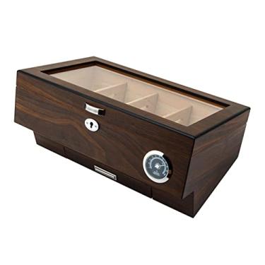 Imagem de Pequeno Caixa de charutos de mesa Caixa de charutos com tampo de vidro com higrômetro digital frontal e divisor Umidor de charutos revestido de madeira com capacidade para 50 charutos Feito à mão