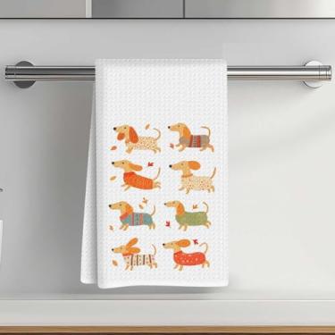 Imagem de Toalhas de cozinha com estampa de dachshund fofas 35 x 61 cm, toalha de prato decorativa de microfibra absorvente de suéter e folhas, toalhas de chá de waffle para cozinha, casa, banheiro, presentes