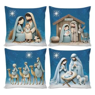 Imagem de Kit 4 Capas de Almofadas Natalinas Decorativas 45x45cm Feliz Natal Sala Quarto e Decoração(MENINO JESUS AZUL-1041)