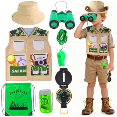 Imagem de Kyson Kit de explorador infantil e fantasia de safári para crianças de 3 a 8 anos - Conjunto completo de aventura ao ar livre com colete, chapéu, mochila, binóculos, lanterna, bússola e apito para