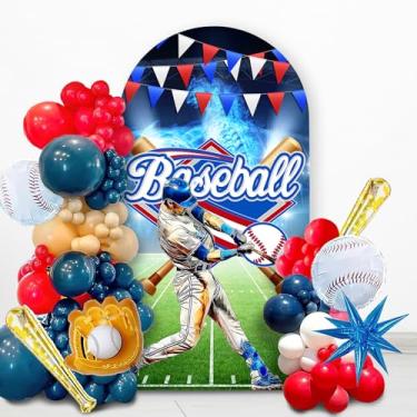 Imagem de Capa de fundo de arco de beisebol swing 1,8 m de beisebol, elastano, arco, 2 lados, com tema esportivo, parte superior redonda, elastano, tecido para decoração de fotografia e fundo