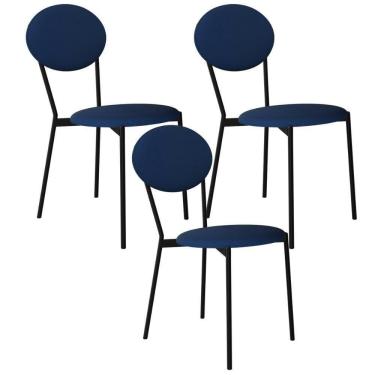 Imagem de Kit 03 Cadeiras Estofada Para Sala De Jantar Azuri Preto C01 Linho Azul - Lyam Decor
