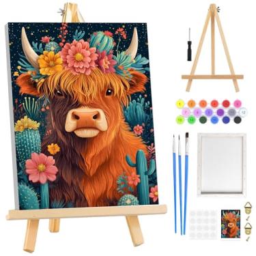 Imagem de RICUVED Kit de pintura de vaca por números para adultos iniciantes emoldurado com cavalete de madeira, kits de pintura por número de cactos para adultos, pintura a óleo acrílica fácil por números para