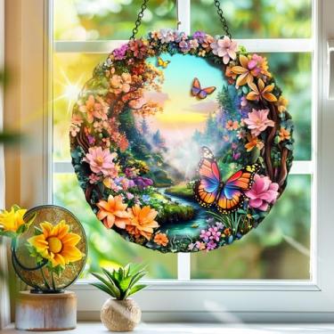 Imagem de Acrílico colorido apanhador de sol, decoração de janela pendurada com flores, arte de parede de arco-íris, para sala de estar, quarto, varanda, interior, exterior, jardim, animais, decoração, 19 x 19