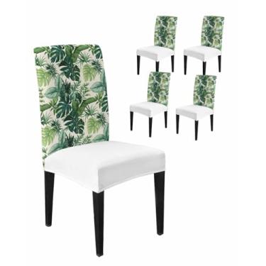 Imagem de Conjunto de 4 capas de cadeira para sala de jantar, folhas de palmeira verdes, aquarela, elástico, protetor de assento removível, lavável, para cozinha, banquete, casamento, hotel, fazenda e plantas