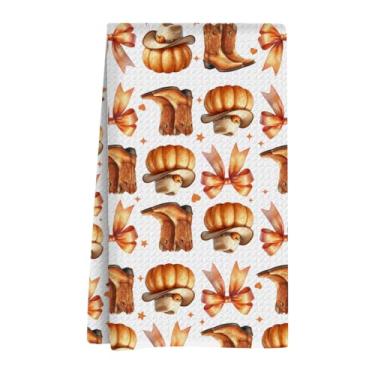 Imagem de XLRSDF Botas de vaqueira ocidental de abóbora de outono decoração de laço, toalha de chá reutilizável, panos de prato, adequado para banheiro, casa, cozinha, pia, decoração de atmosfera de outono, 35