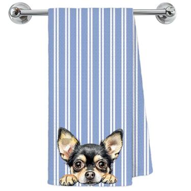 Imagem de Exqcom Toalhas de cozinha para cães chihuahua listrado azul e branco, presentes de chihuahua para mulheres, toalhas de chá para decoração de cozinha, amantes de cães, mãe, pai, presentes para