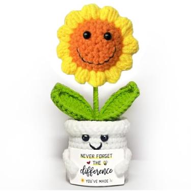 Imagem de AHANKERE Girassol de crochê positivo com suporte emocional, flor em vaso de crochê feita à mão com cartão - nunca se esqueça da diferença que você fez, para presentes de agradecimento ao professor