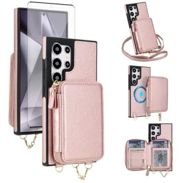Imagem de Capa de telefone para Samsung Galaxy S25 Ultra 5G carteira com zíper capa protetora de tela transversal alça magnética destacável compatível com MagSafe S25Ultra 25S S 25 25Ultra feminino ouro rosa