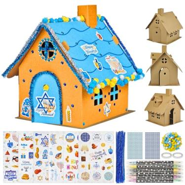 Imagem de Cinrobiye Conjunto de 6 kits de artesanato de casas de gengibre de Hanukkah DIY caixa de casas de papelão para pintar chanucá casa de Hanukkah 3D para casa sala de aula férias de inverno diversão