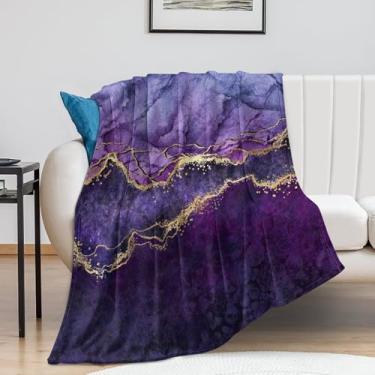 Imagem de Cobertor de mármore moderno, arte barroca de luxo abstrata padrão de veias de pedra roxa dourada macia e aconchegante capas de flanela de pelúcia para sala de estar, quarto, poltrona, acampamento