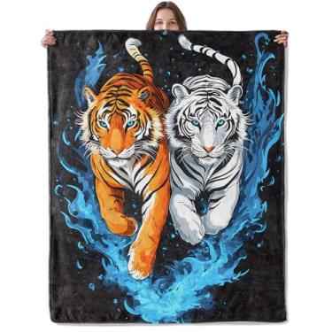 Imagem de Lugiu Cobertor de tigre, leve, confortável, vida selvagem e azul para sofá, quarto, flanela macia e aconchegante para viagem, cobertores artísticos, majestosos, presentes para homens, meninos