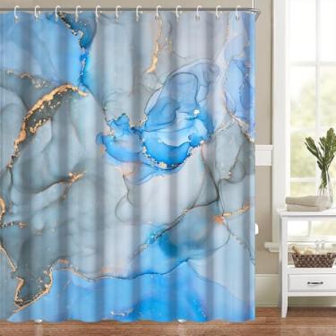 Imagem de Heevnttiy Cortina de chuveiro moderna azul mármore chique abstrato luxo pintura conjunto de banheiro decoração manchas douradas lavável na máquina tecido de poliéster impermeável com ganchos 152 x 182