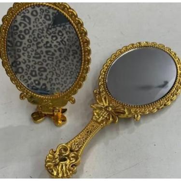 Imagem de Espelho De Mão Dobrável de Princesa Laço Dourado Para Maquiagem 19x8,5cm