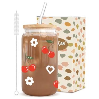 Imagem de Copo de vidro de 473 ml com tampa de bambu, inclui canudos de vidro e plástico e escova para café gelado, chá gelado, smoothie, presente para mulheres