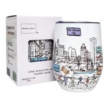 Imagem de Beary Blu Cidades ao redor do mundo Série de copos de 355 ml - Projetado nos EUA - Copo isolado a vácuo com tampas - Caneca de viagem de aço inoxidável para vinho e café, água, para bebida quente e