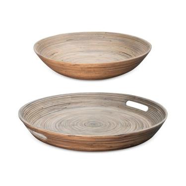 Imagem de LEXA Conjunto de entretenimento de bambu feito à mão de 2 peças, bandeja de servir de 41 cm com alças e tigela de salada de 35,5 cm, utensílios de bambu fiado para hospedagem, jantar diário e