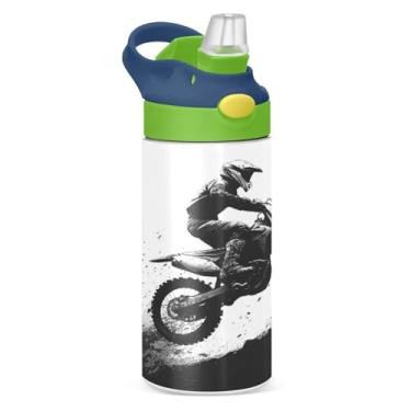 Imagem de JUZIHAI Garrafas de água infantil Motocross Racer Garrafa de aço inoxidável isolada a vácuo de 340 g com tampa de palha, copo de viagem à prova de vazamento