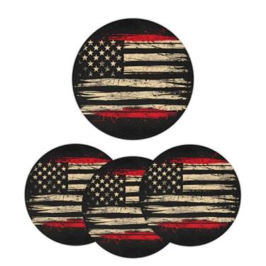 Imagem de Jogo americano redondo trançado de 32 cm, conjunto de 6 tapetes laváveis com bandeira preta, círculo americano, resistente ao calor, para cozinha, mesa de jantar, festa de casamento, decoração de casa