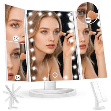 Imagem de Espelho de Maquiagem Triplo Dobrável com Iluminação LED, Branco, com Ampliação, Ajustável, 360 Graus