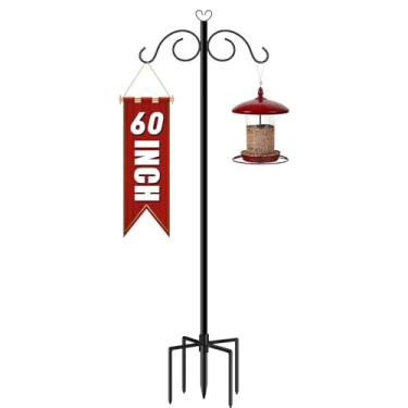 Imagem de Ganchos duplos para uso externo pesado, 1 poste alimentador de pássaros de 152 cm com base de 5 pinos, gancho de pastor alto ajustável para ganchos de jardim para pendurar plantas, cesta de flores