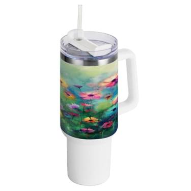 Imagem de xigua Copo vintage de flores silvestres de 1,134 g com alça e canudo, aço inoxidável duplo isolado a vácuo garrafa de água suporte de copo de garrafa de água amigável à prova de vazamento copo de