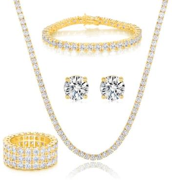 Imagem de Gemsme Colar/pulseira/brincos/anéis de 3 fileiras banhado a ouro amarelo 18K Pacote com 4, 7, Latão, Zircônia cúbica